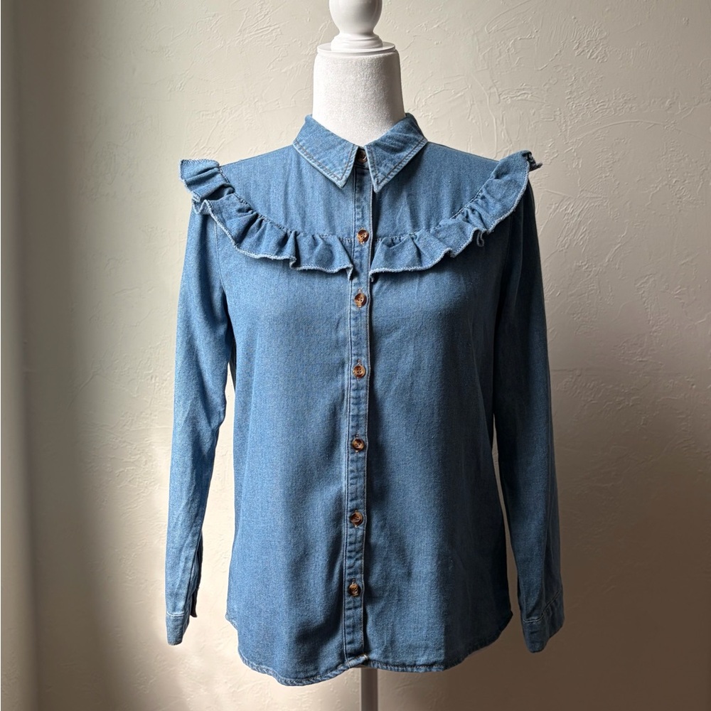 Boohoo Chambray Ruffle Button Down Denim Look Shirt US 6